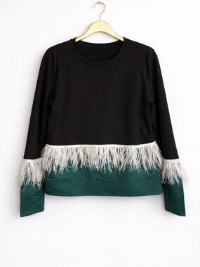 Black & Green Top | Statement Feather Detail